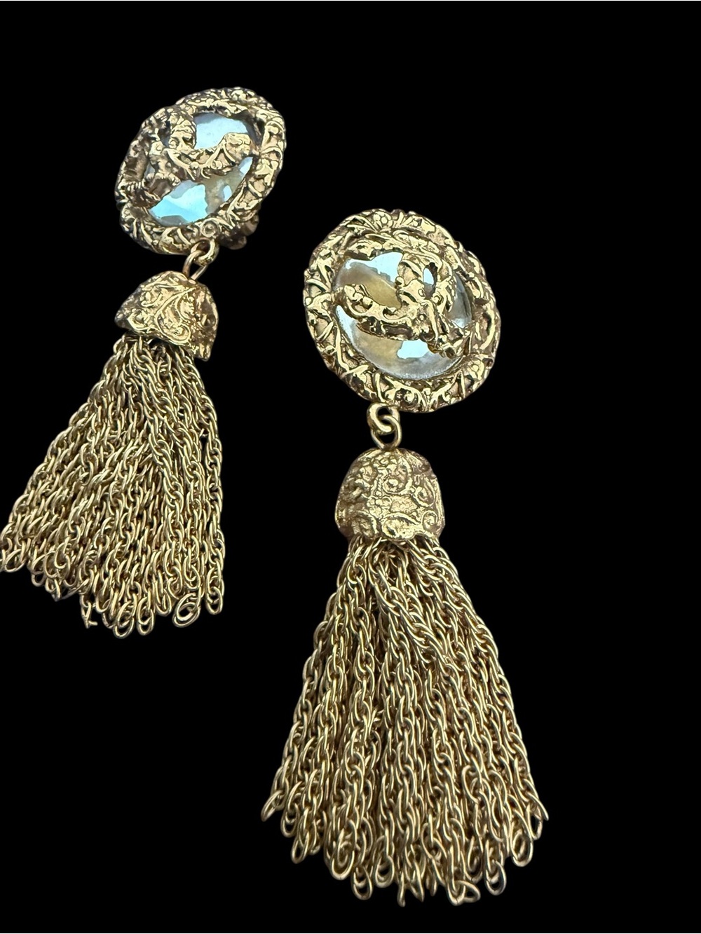 Chanel Rare 1993 Mirror CC Gold Tassel Drop Earrings